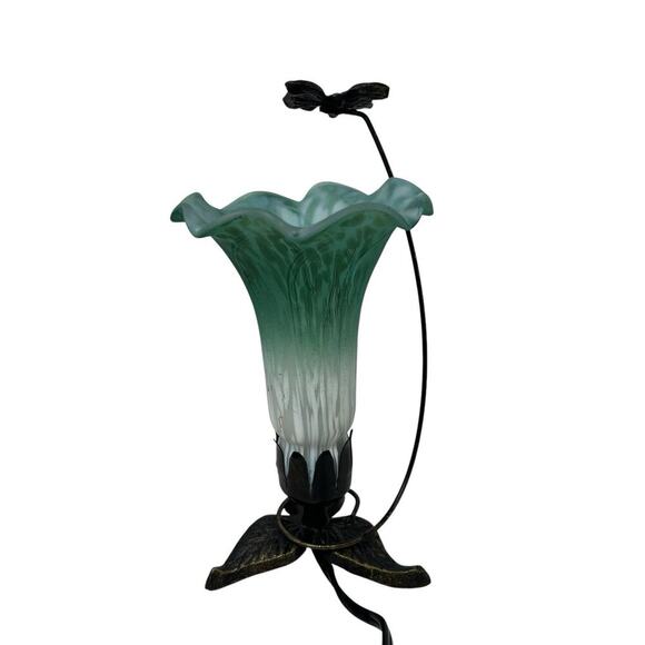 TESTED Tiffany Style Glass Green Lily Tulip Flower W Butterfly Lamp Nightlight - Picture 1 of 14